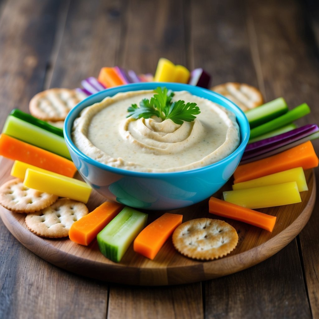 A bowl of creamy vegan cheese dip surrounded by colorful vegetable sticks and crackers on a wooden serving board