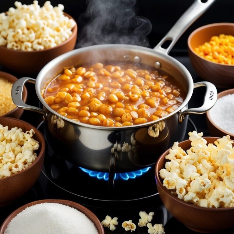 Steaming pot of chickpeas on stovetop with popcorn and sugar