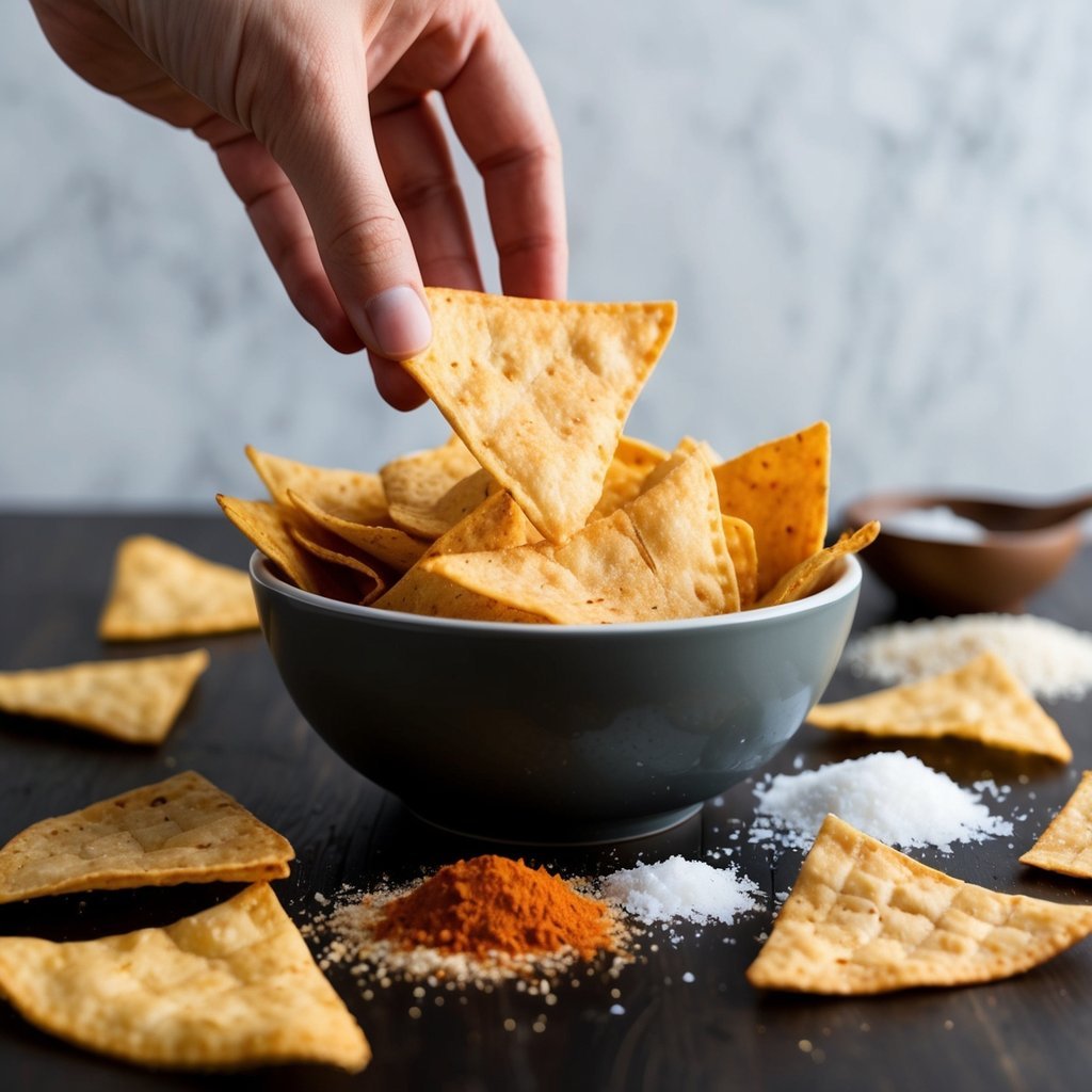 A hand reaching for a bowl of freshly baked crunchy tortilla chips, surrounded by scattered ingredients like cornmeal, salt, and spices