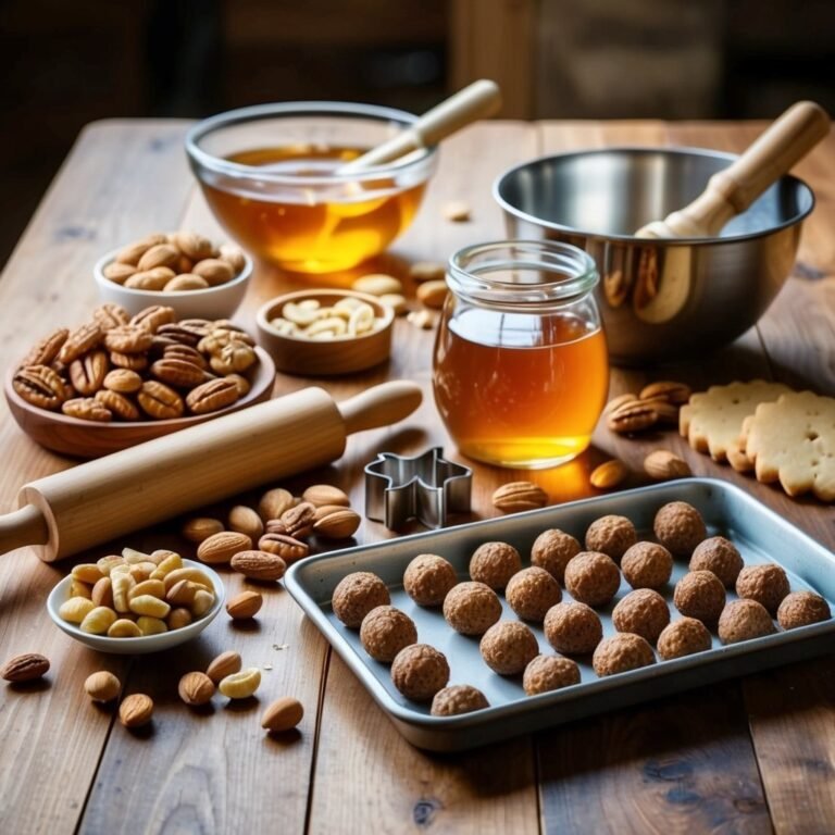 Assorted nuts, honey, and unbaked cookie balls on wooden table