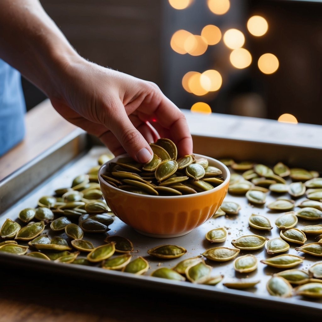 A hand reaches into a bowl of pumpkin seeds, selecting and seasoning them before placing them on a baking sheet