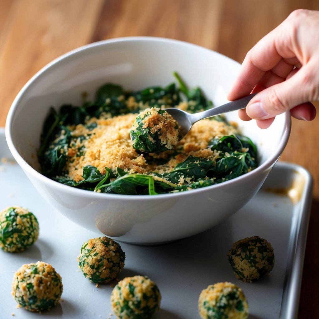 A bowl of cooked spinach mixed with breadcrumbs and spices, being rolled into small balls on a baking sheet