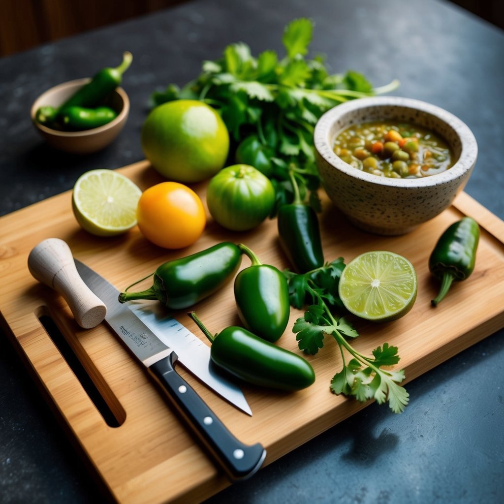 A wooden cutting board with fresh tomatillos, jalapeños, cilantro, and lime, surrounded by a mortar and pestle, knife, and bowl of salsa verde