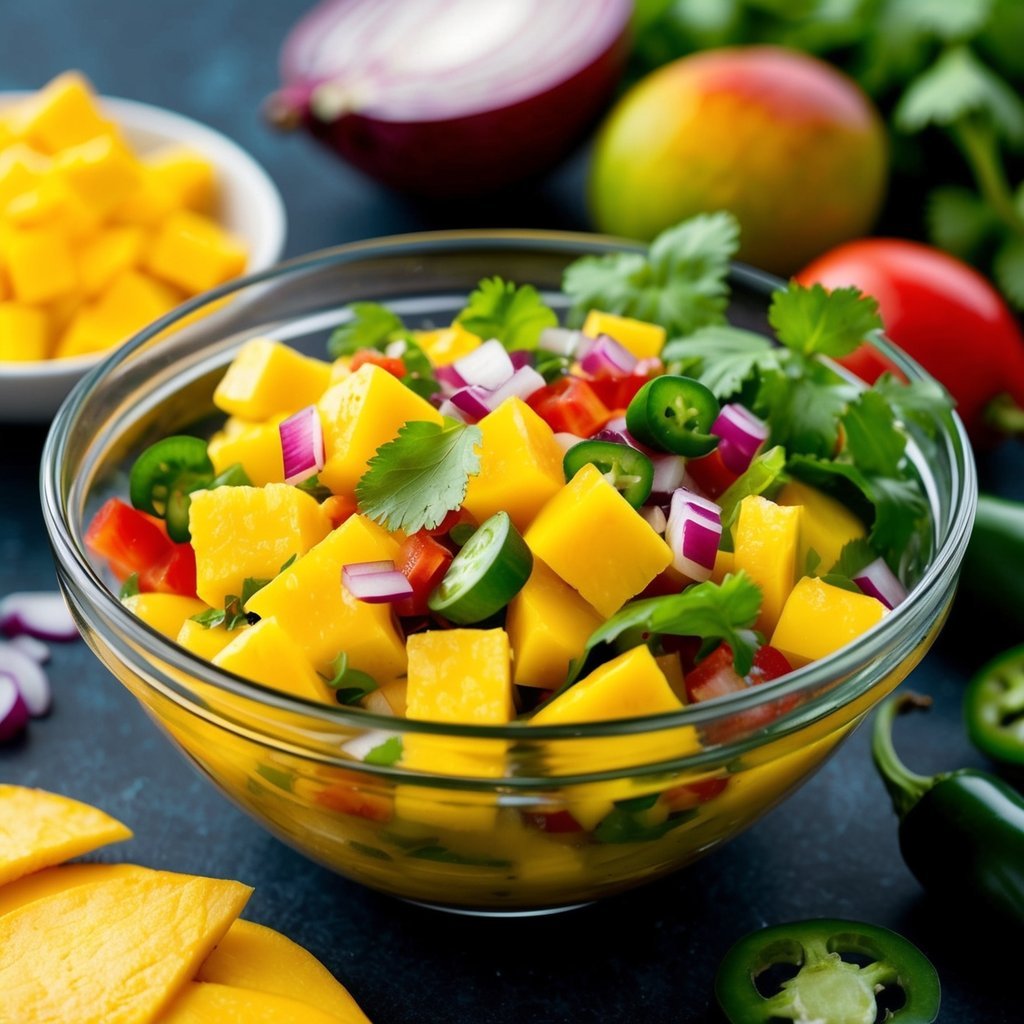 A vibrant bowl of diced mango, red onion, cilantro, and jalapeno, mixed together in a colorful tropical mango salsa