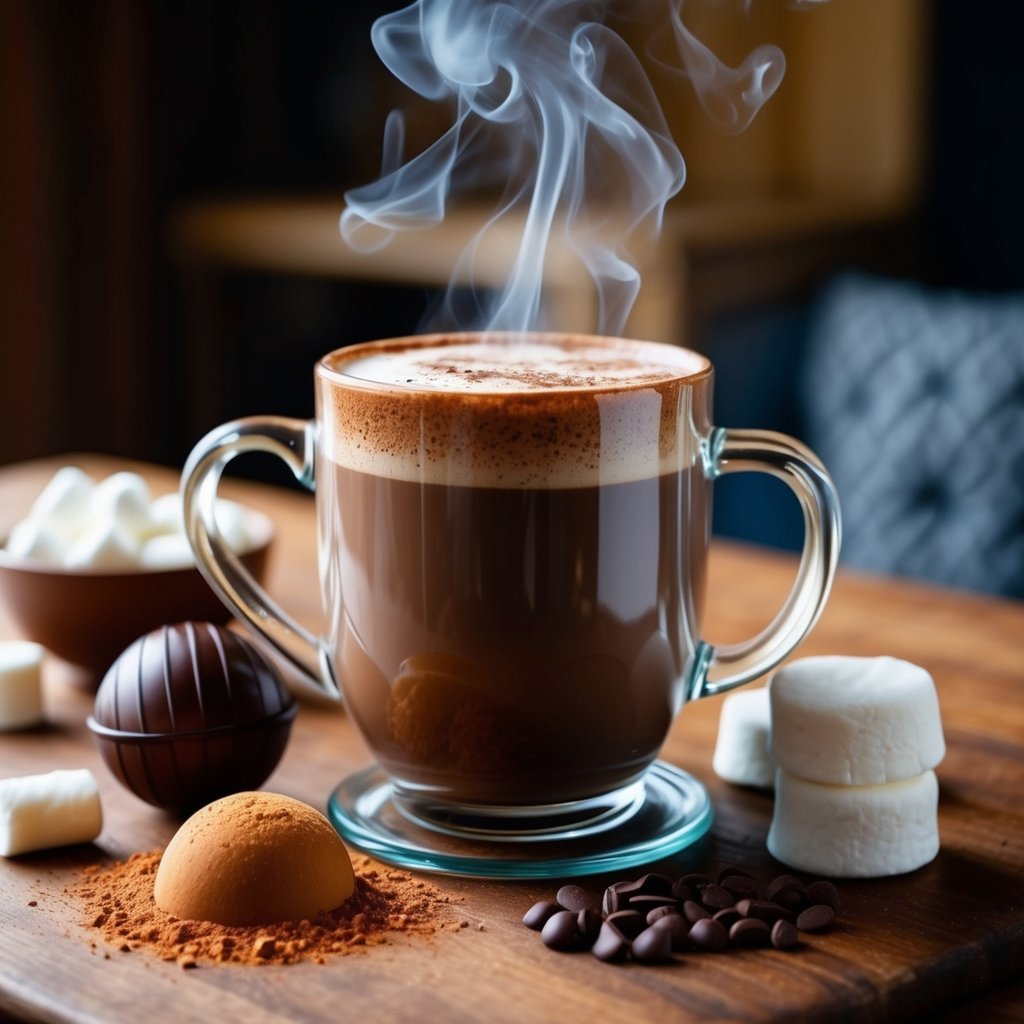 A steaming mug of hot chocolate surrounded by ingredients like cocoa powder, marshmallows, and a chocolate bomb, all on a cozy table