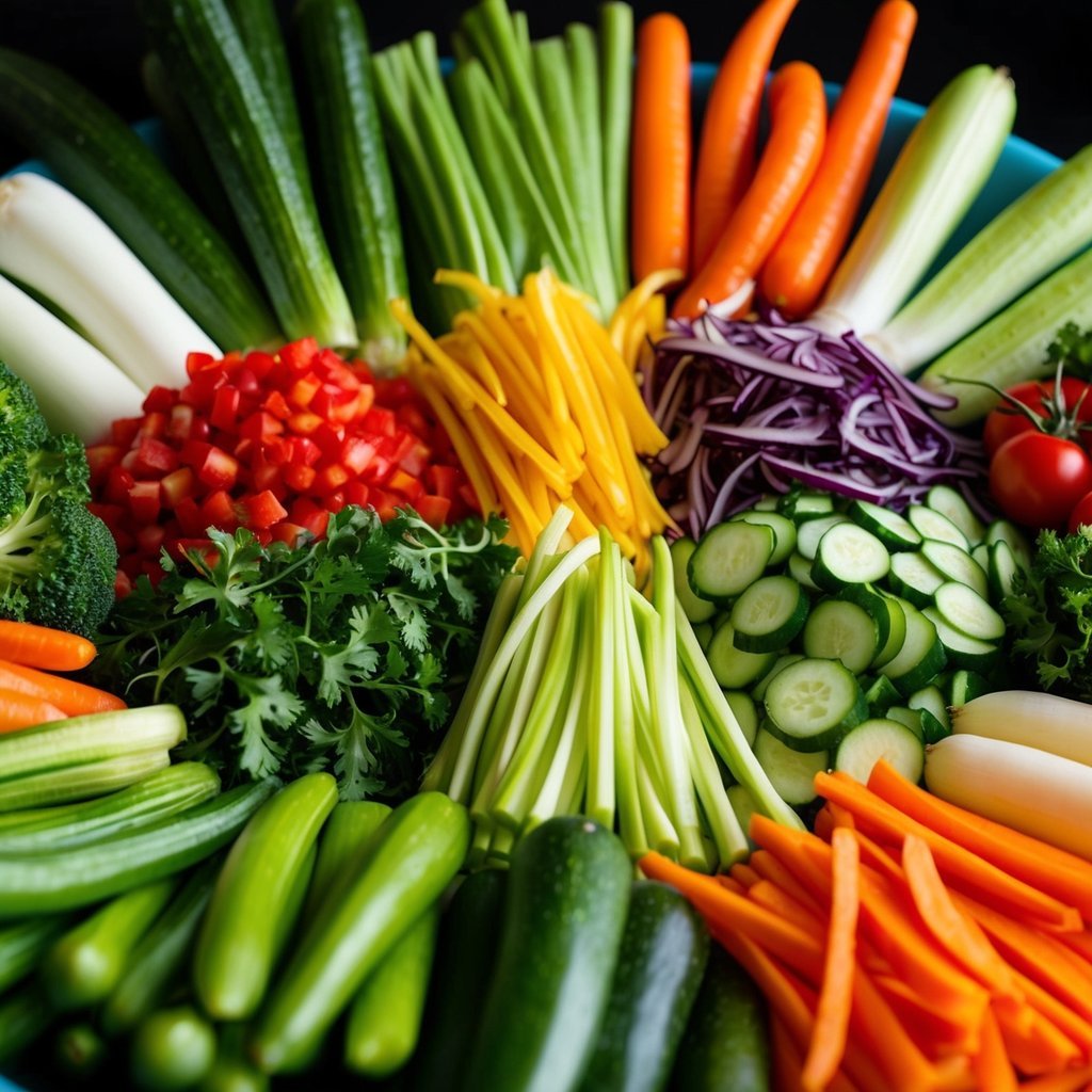 A variety of fresh vegetables arranged in a colorful display, ready to be sliced into thin chips for a healthy snack