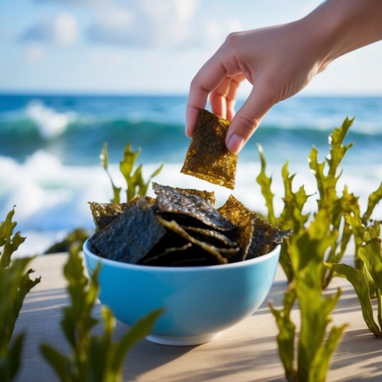 Hand reaching for seaweed snack in blue bowl by ocean