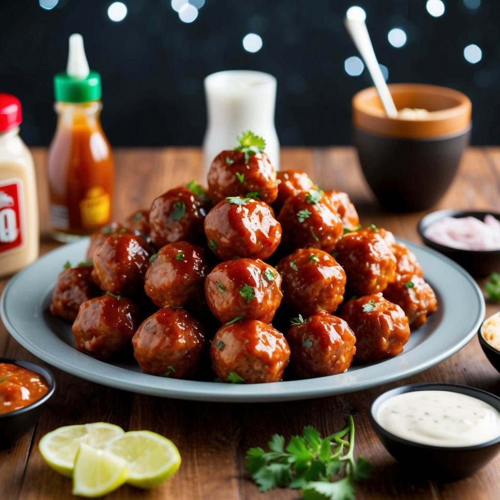 A platter of tangy BBQ meatballs surrounded by a variety of condiments and garnishes