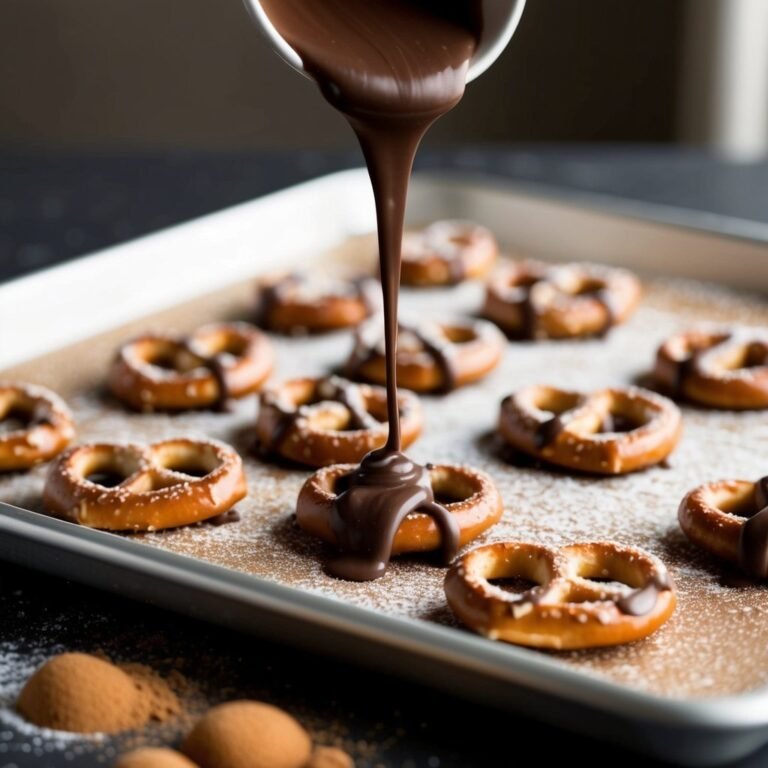 Melted chocolate being poured over pretzels on a baking sheet