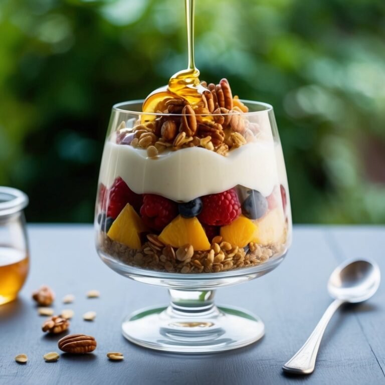 Yogurt parfait with granola, fruit, and honey