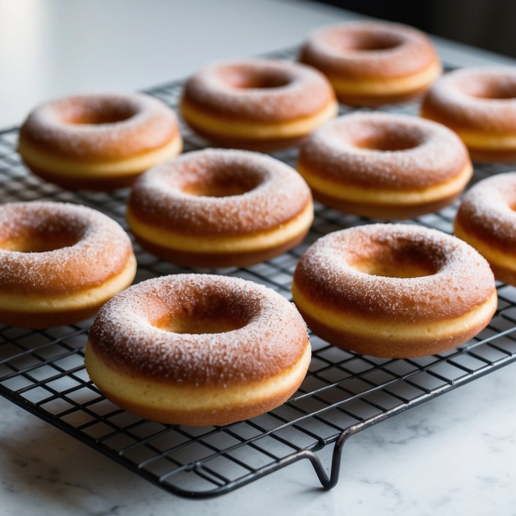 A tray of freshly baked warm cinnamon sugar donuts cooling on a wire rack