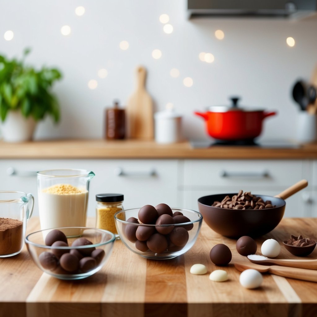 A kitchen counter with assorted ingredients and utensils for making chocolate truffles