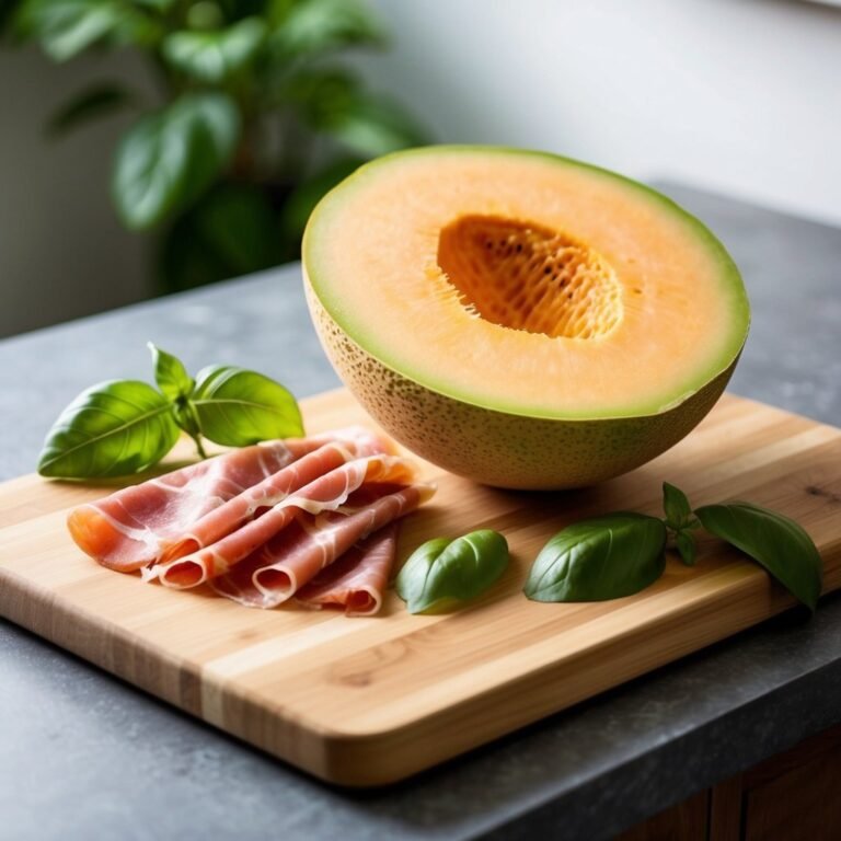 Prosciutto, cantaloupe half, basil on wood board