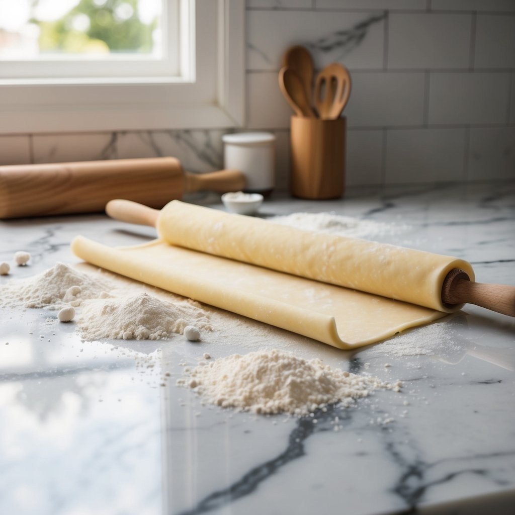 A marble countertop with scattered flour, a rolling pin, and a sheet of puff pastry being rolled out