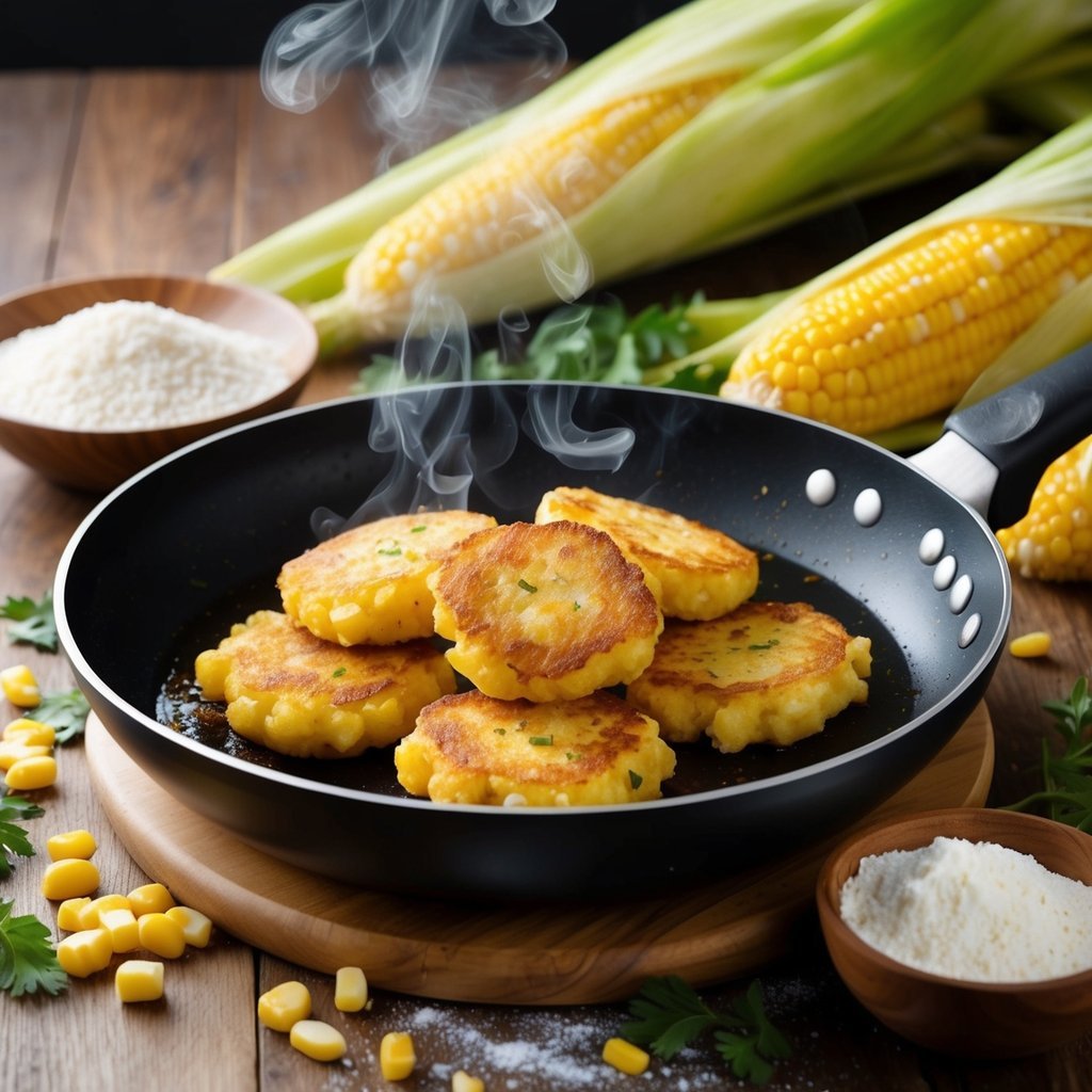 Golden corn fritters sizzling in a pan, steam rising, surrounded by fresh corn, flour, and seasonings on a wooden table