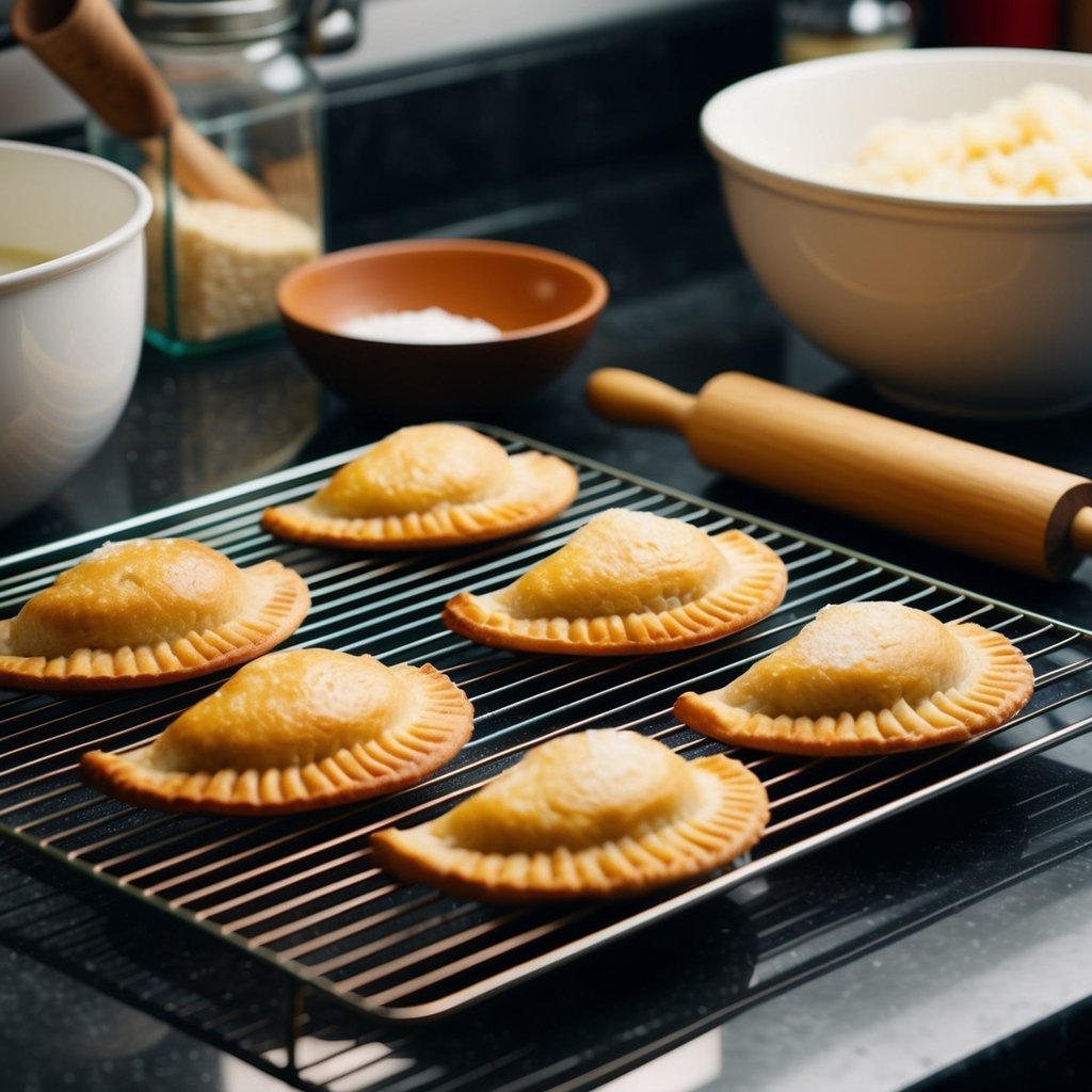 A kitchen counter with various ingredients, a mixing bowl, and a rolling pin.</p><p>A tray of freshly baked golden empanadas cooling on a wire rack