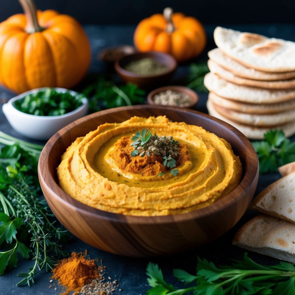 A wooden bowl filled with creamy pumpkin hummus surrounded by fresh herbs, spices, and a stack of pita bread