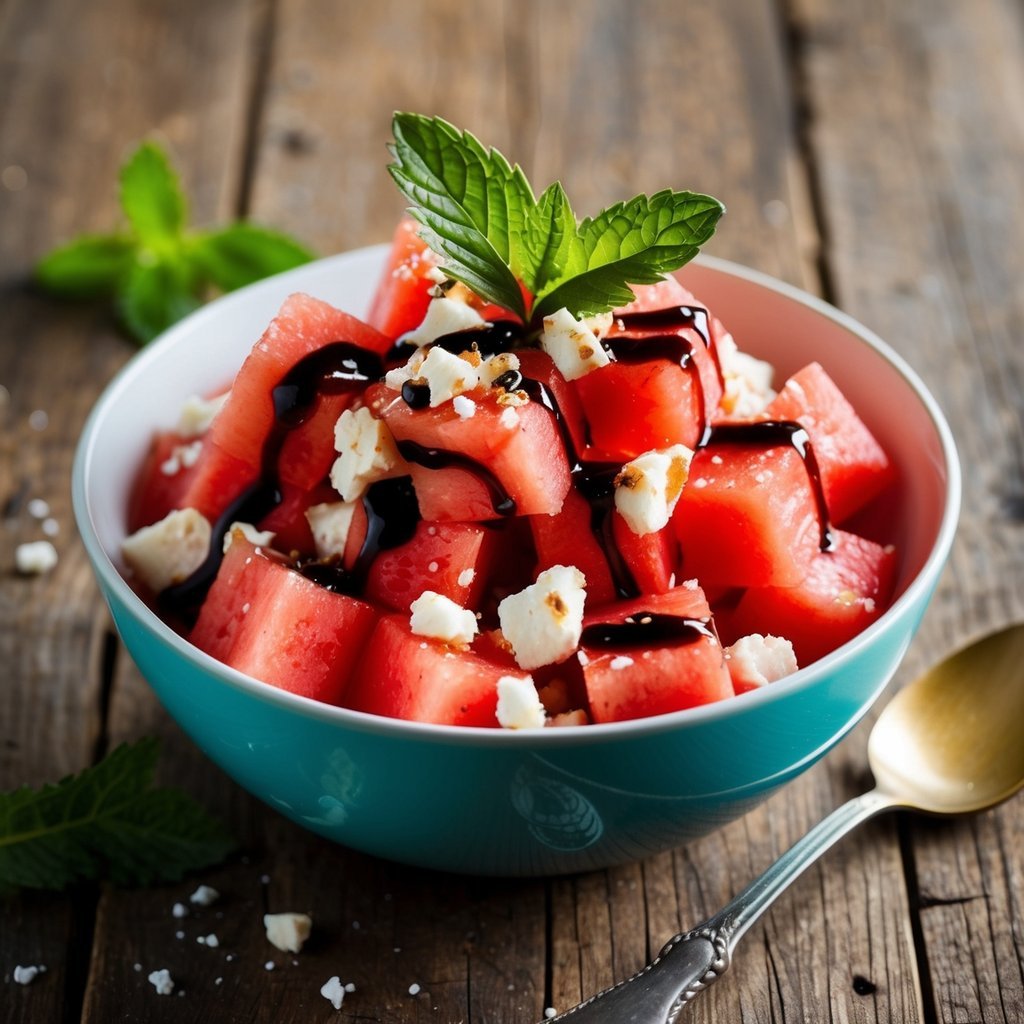 A vibrant bowl of cubed watermelon and crumbled feta, topped with fresh mint leaves and drizzled with balsamic glaze, sitting on a rustic wooden table