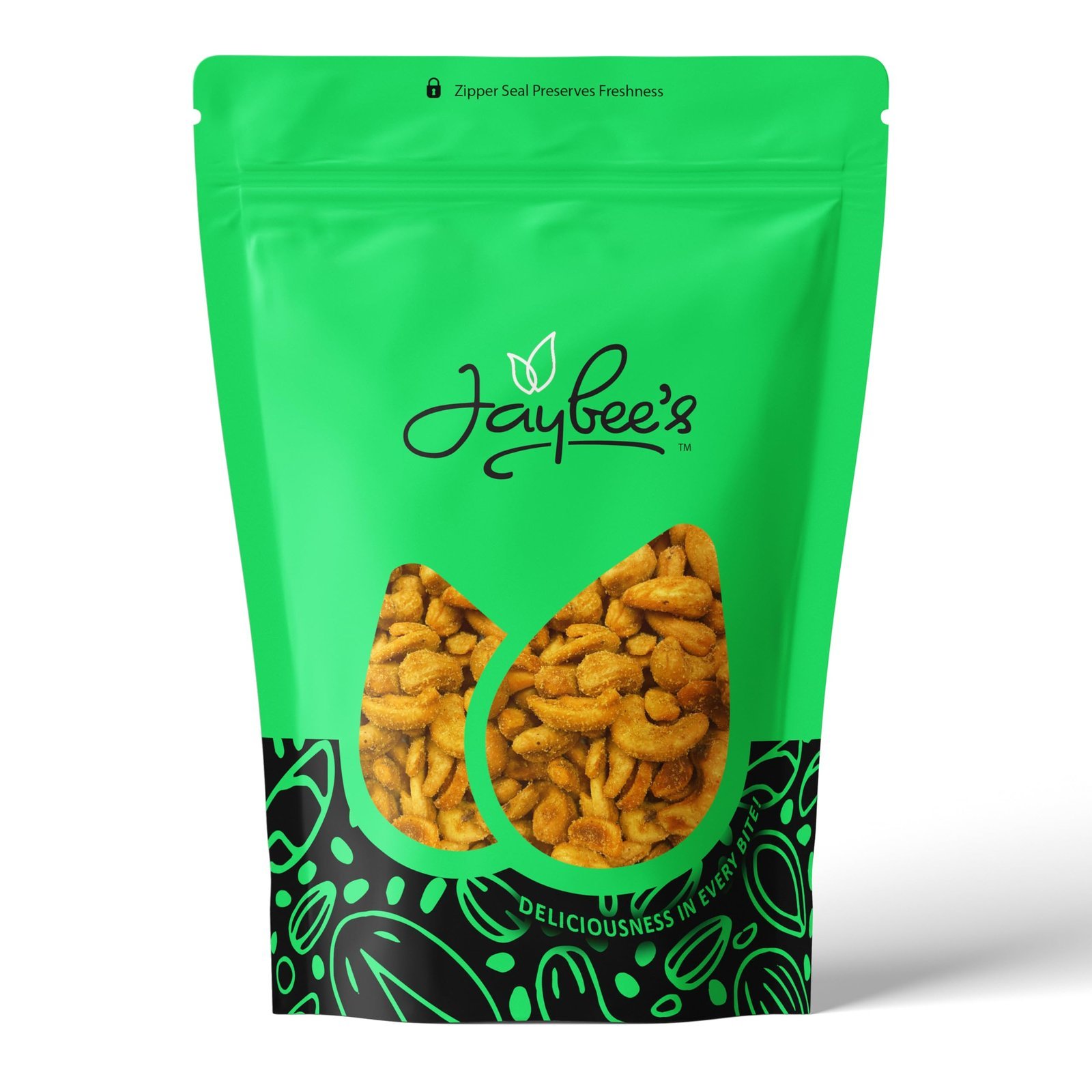 Green bag of Jaybee's seasoned cashews; zipper seal